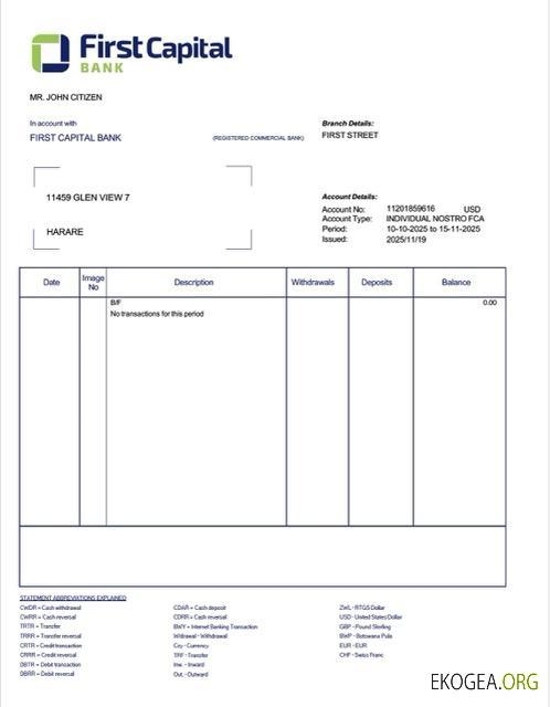 Modèle Word et PDF de relevé de compte de la Zambia First Capital Bank